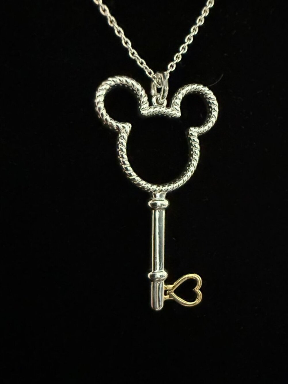 Disney Mickey Mouse Skeleton Key Pendant Necklace Heart Charm Silver-Tone Chain
